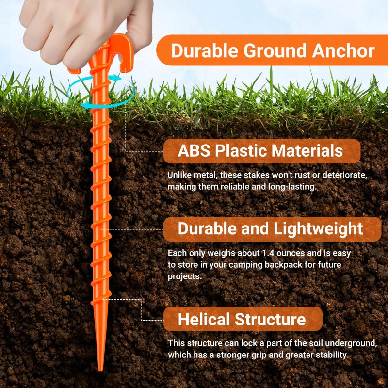 Hikemax 15 Pack Plastic Spiral Tent Stakes - 10 Inch Heavy Duty Screw-in Sand Anchors Pegs - Windproof Plastic Ground Anchor Stakes for Secure Tents, Inflatables, Canopies, Tarps, Garden Structures - Image 3